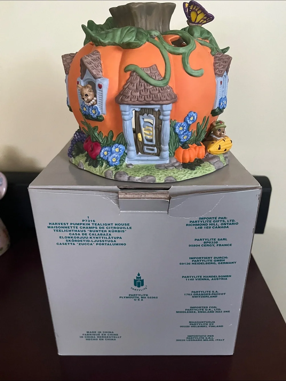 PartyLite Orange Pumpkin Tealight House with Blue Floral Accents